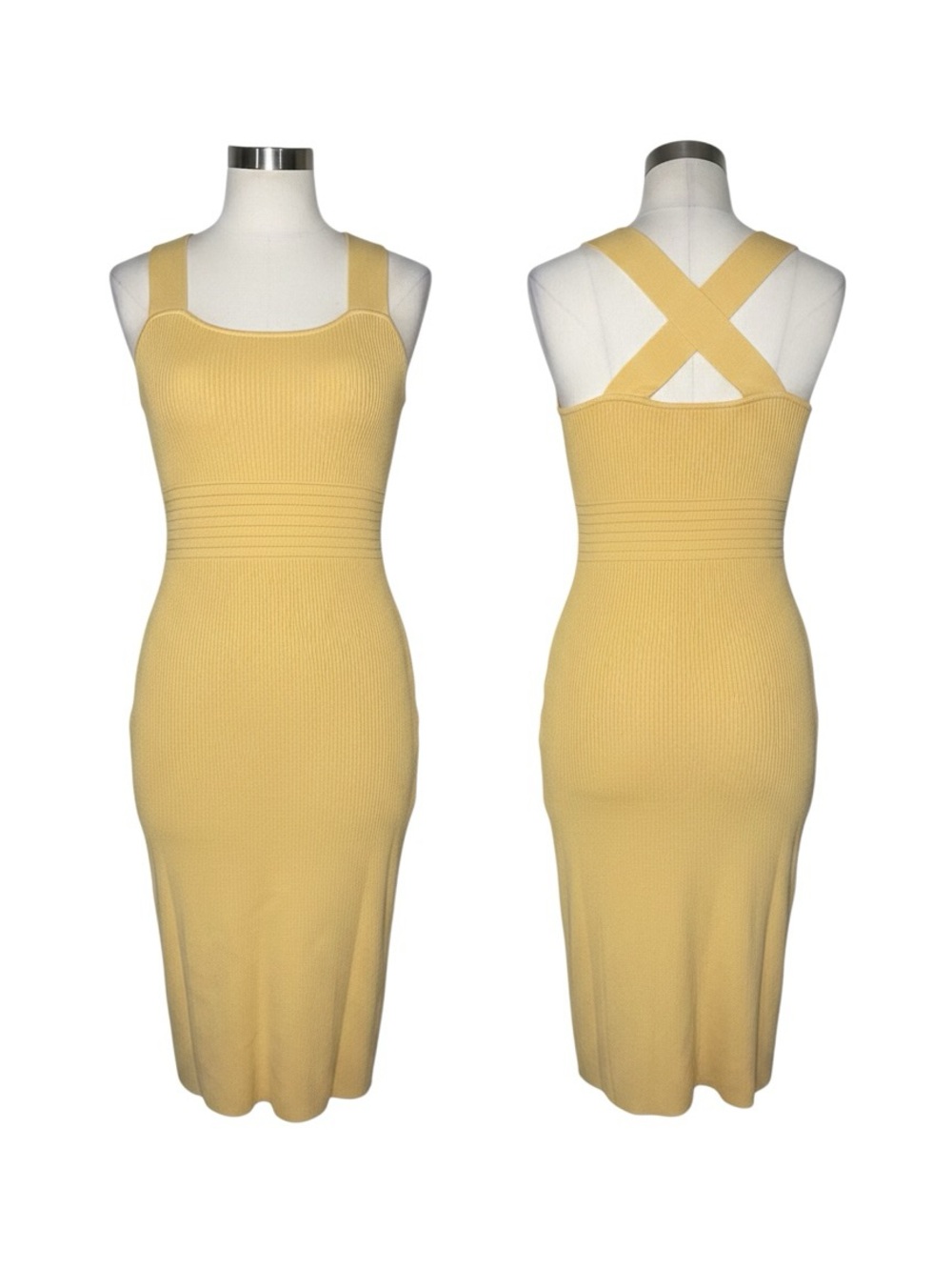 Express Yellow Ribbed Cross-Back Midi Bodycon Dress